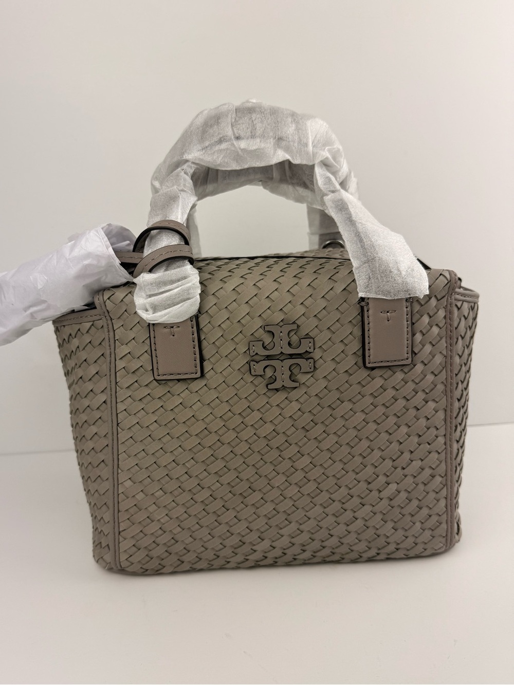 Tory Burch Thea Woven Mini Slouchy Satchel French Gray Leather Handbag $595 - Picture 4 of 14
